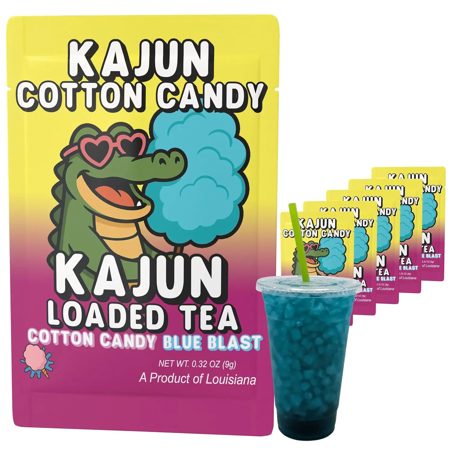Kajun Loaded Tea Powder Drink Mix, Kajun Cotton Candy, Cotton Candy & Blue Blast Flavor, Zero Sugar, 250mg Green Tea Caffeine, 5 Pack