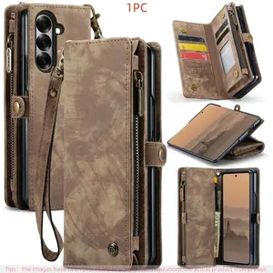 Wallet Case for Galaxy Z Fold 7/6/5/4, Card Slot, Magnetic Stand, Zipper, Solid Pattern, Phone Accessory, Protective Cover