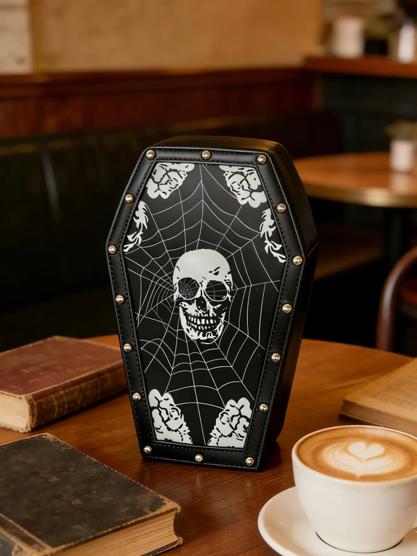 Stylish  simple skull spider web coffin bag, dark gothic-shaped one-shoulder messenger bag, niche design personality versatile leisure mobile phone bag, trend leisure suitable for shopping and dating, Casual Trendy Bag, Crossbody messenger bag