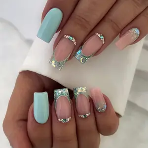Blue French Tip Press On Nails | CurvLife Nail | 30pcs Medium Square Fake Nails | Crystal Glitter Accent Design | Easy Apply, Comfortable & Durable | Daily, Business & Party Nail Art