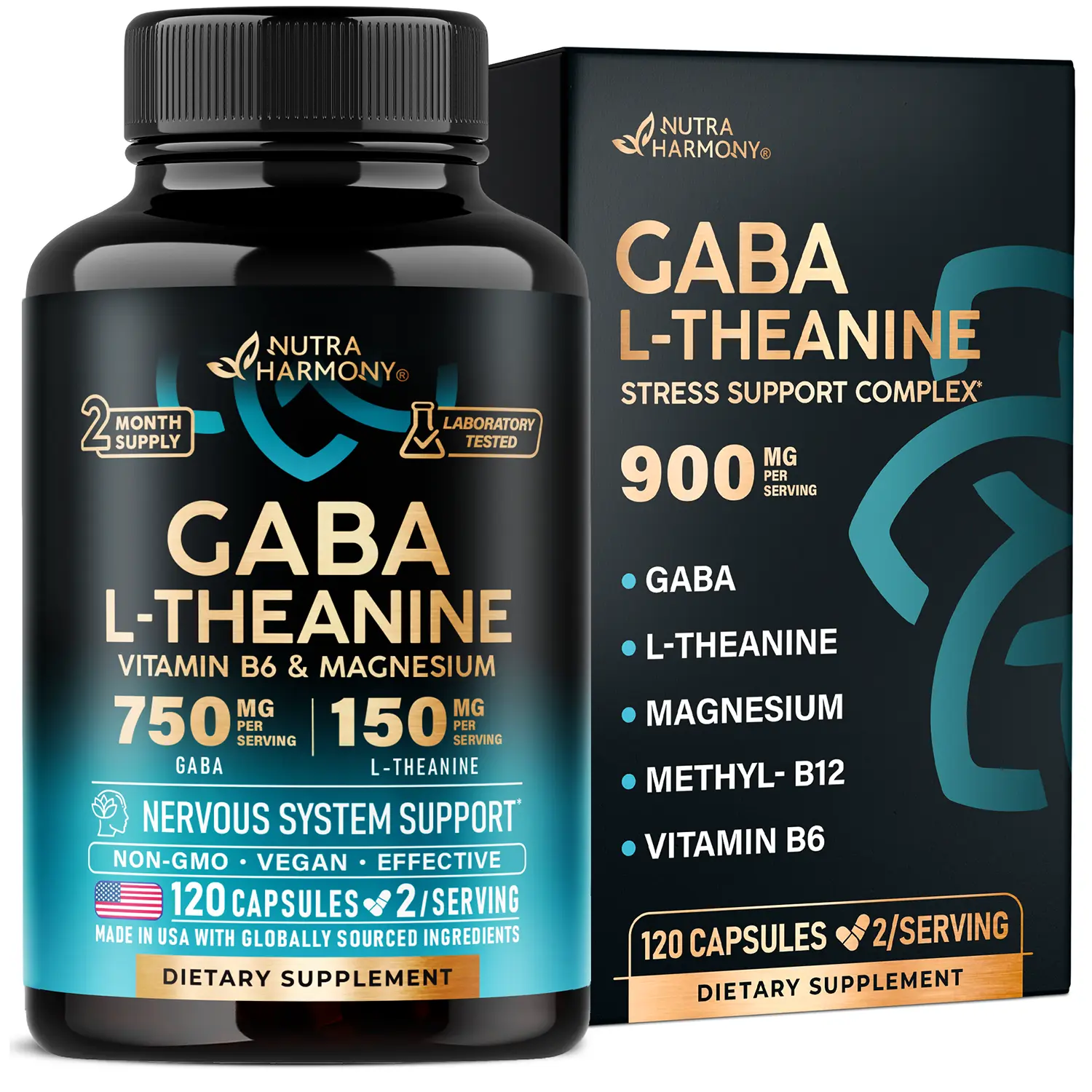 NUTRAHARMONY GABA Supplements with L-theanine & Magnesium for Relaxation. USA Made, 120 Capsules
