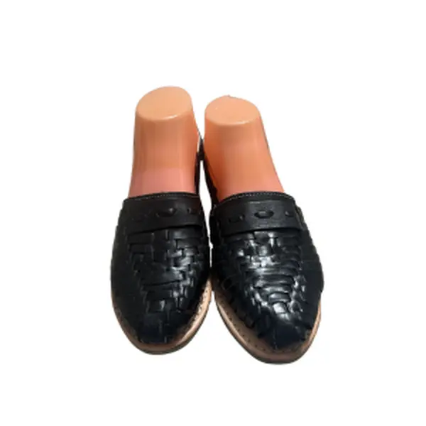 Women's Black Leather Huarache Sandals | Handmade Mexican Woven Flats | Genuine Leather Slip-On Shoes