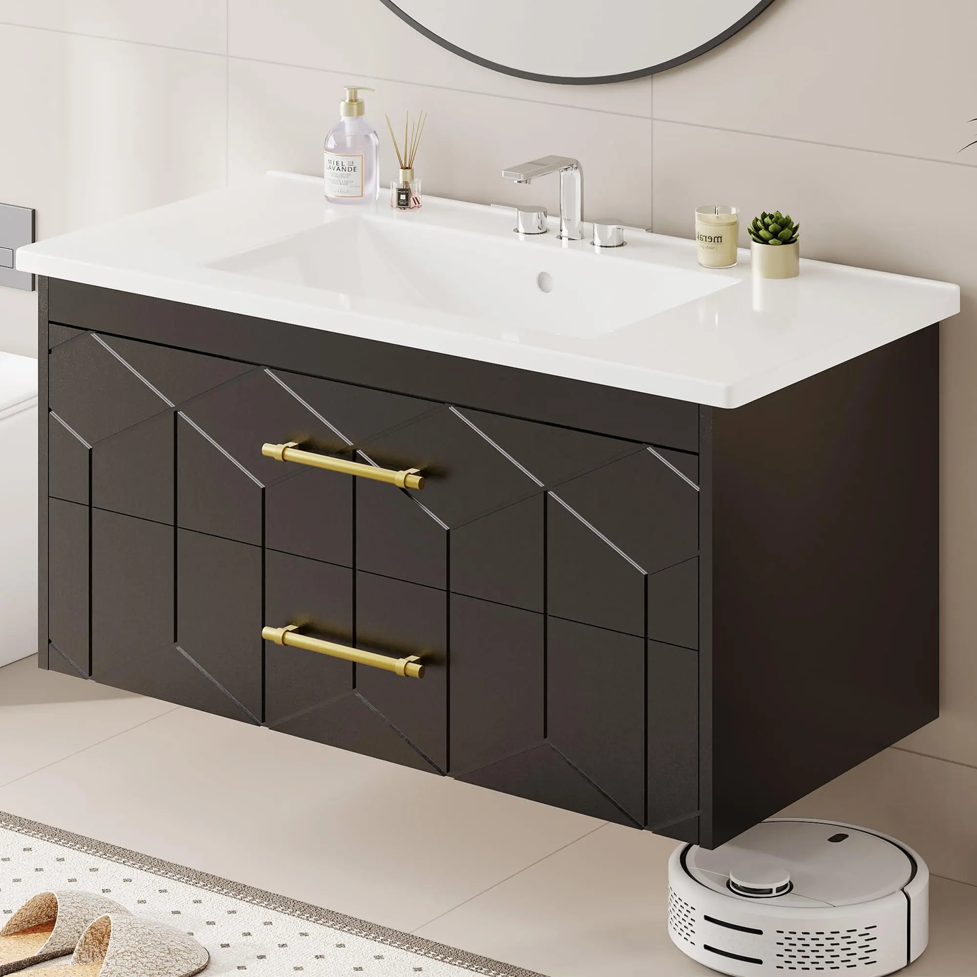 Black 36-Inch Modern Floating Bathroom Vanity with Sink, Ceramic Top, 2 Large Storage Drawers, Gold Metal Handles, Soft Close, Easy Install