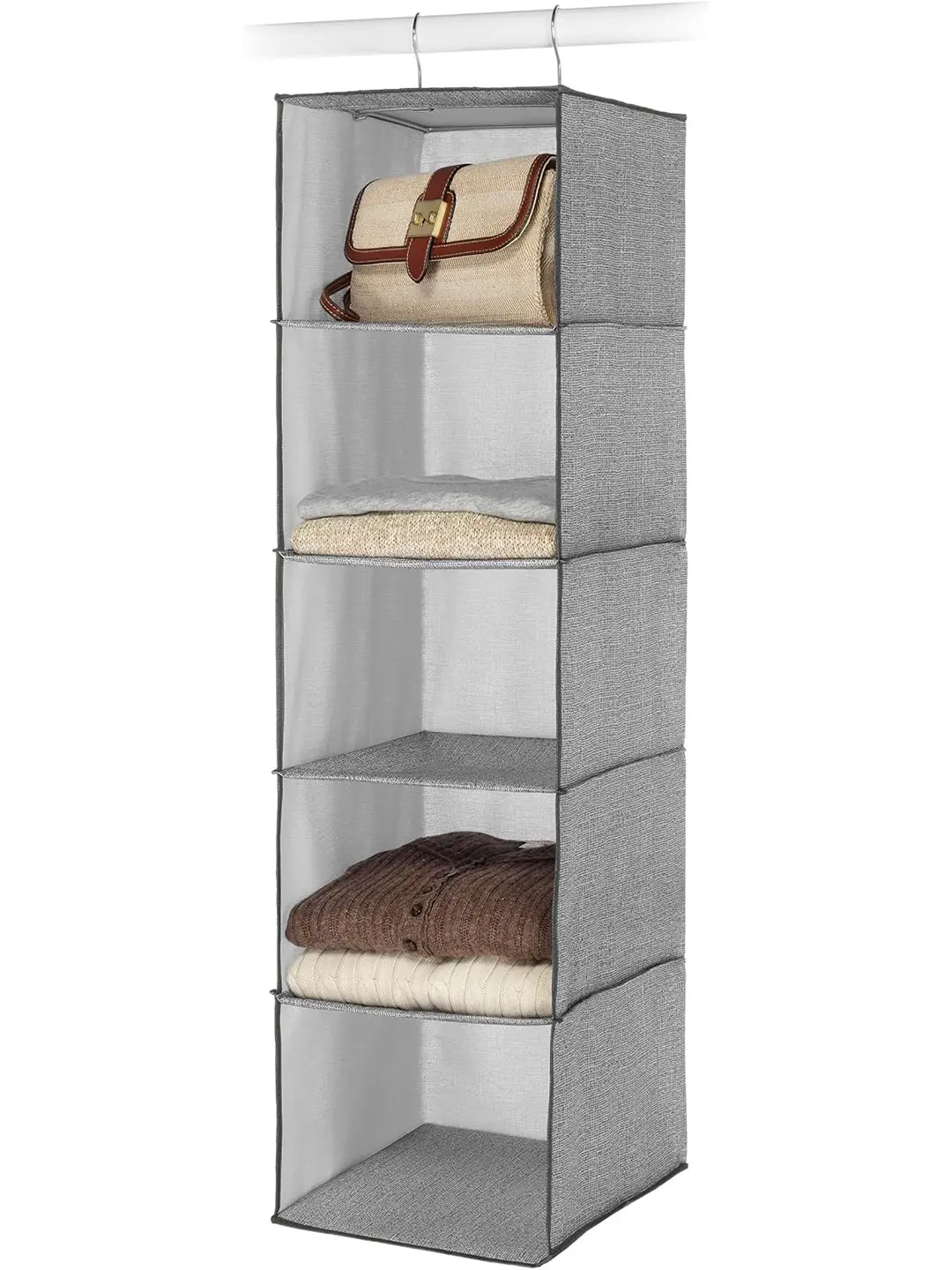 Whitmor Hangable Home Organiser - Crosshatch Gray, 5 Open Breathable Fabric Shelves for Organizing Clothes, Storage Rack for Bedroom, Kitchen