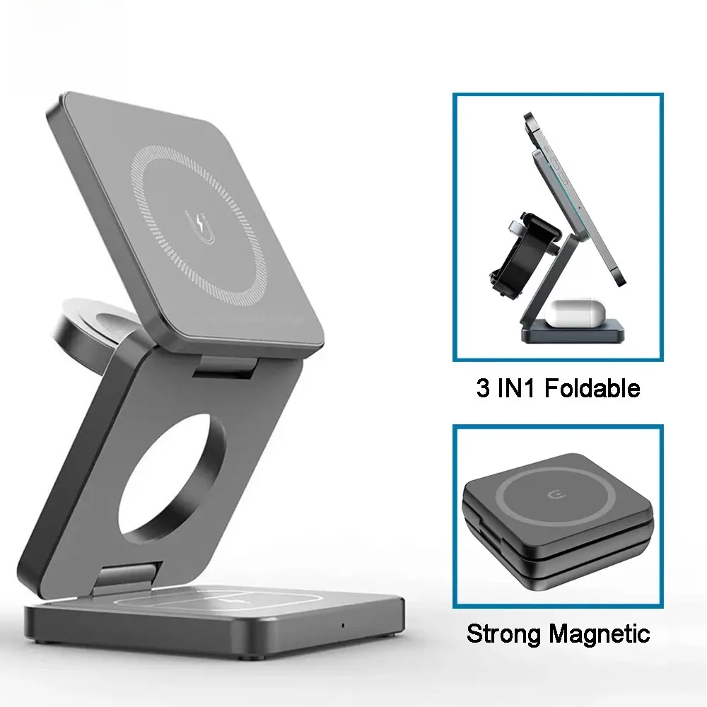 3-in-1 Foldable Magnetic Wireless Charger Station for iPhone 15/14/13/12 Pro Max, Apple Watch 8/9