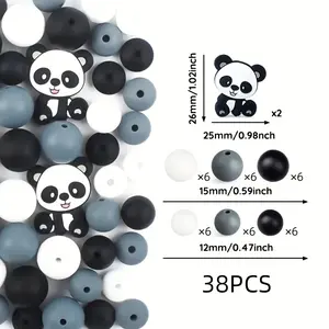 38pcs Panda-Themed Silicone Beads, 12/15mm Solid Colorful Round Loose Beads for DIY Crafts, Jewelry Making, Bracelets, Necklaces, Keychains, Lanyards, Bag Charms & Pen Decorations, Handmade Bracelets, Fun Craft Beads, Cute Panda Theme,