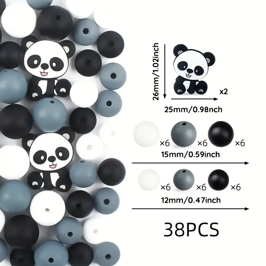 38pcs Panda-Themed Silicone Beads, 12/15mm Solid Colorful Round Loose Beads for DIY Crafts, Jewelry Making, Bracelets, Necklaces, Keychains, Lanyards, Bag Charms & Pen Decorations, Handmade Bracelets, Fun Craft Beads, Cute Panda Theme,