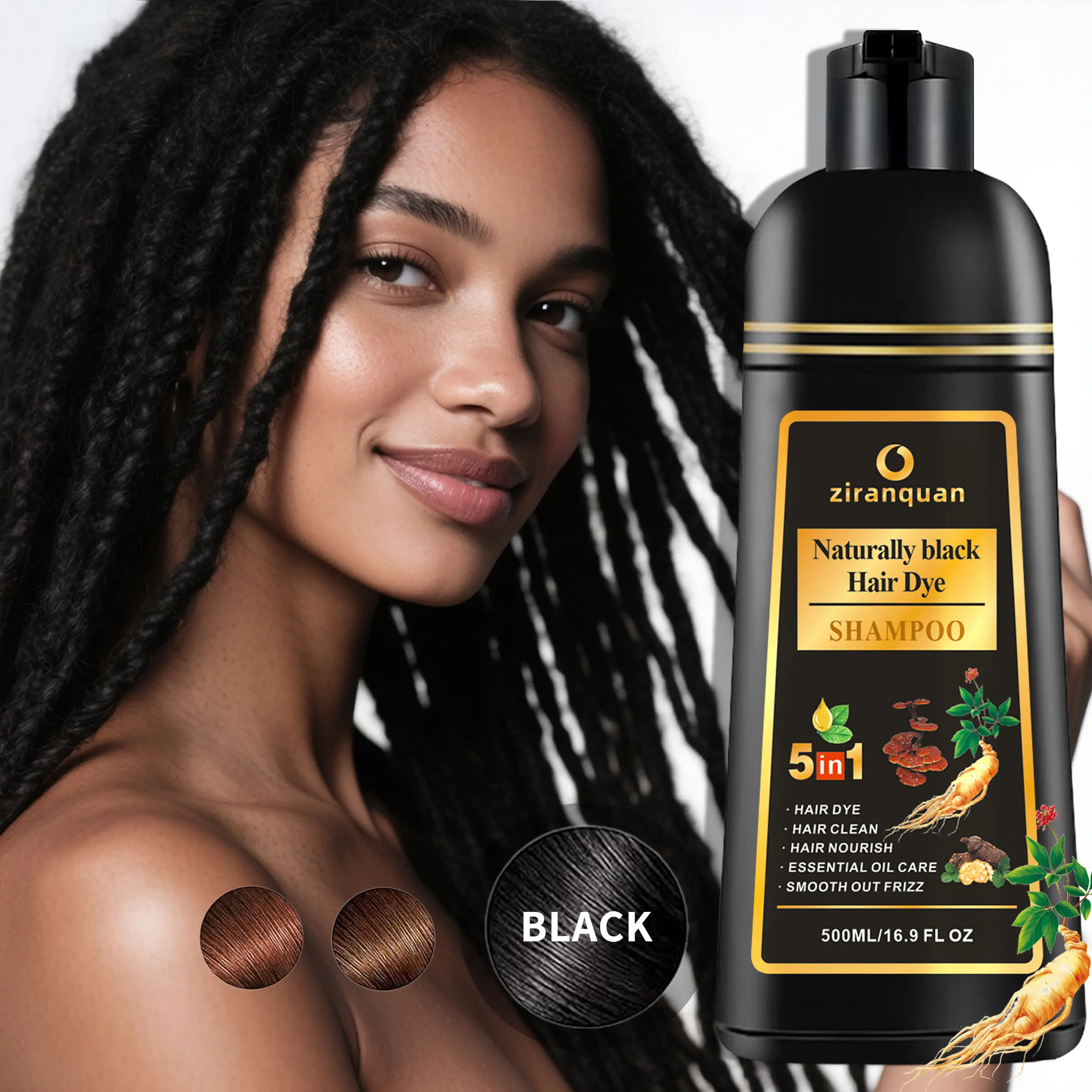 5-in-1 Herbal Coloring Shampoo for Men & Women – Instant & Long-Lasting Black Hair Dye Shampoo, Natural Ingredients & Conditioner, Professional Salon-Quality Home Hair Color, 500 ml