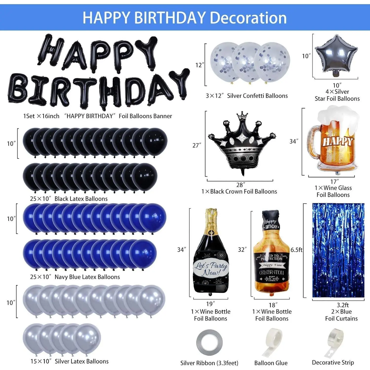 Blue and Black Happy Birthday Decorations for Men,Birthday Decorations with Banner, Fringe Curtains,Foil Balloons, Balloon Kits for 21st,25th 27th 30th 35th 40 50 60th Birthday Decorations Gifts Party Party Favors Assortment