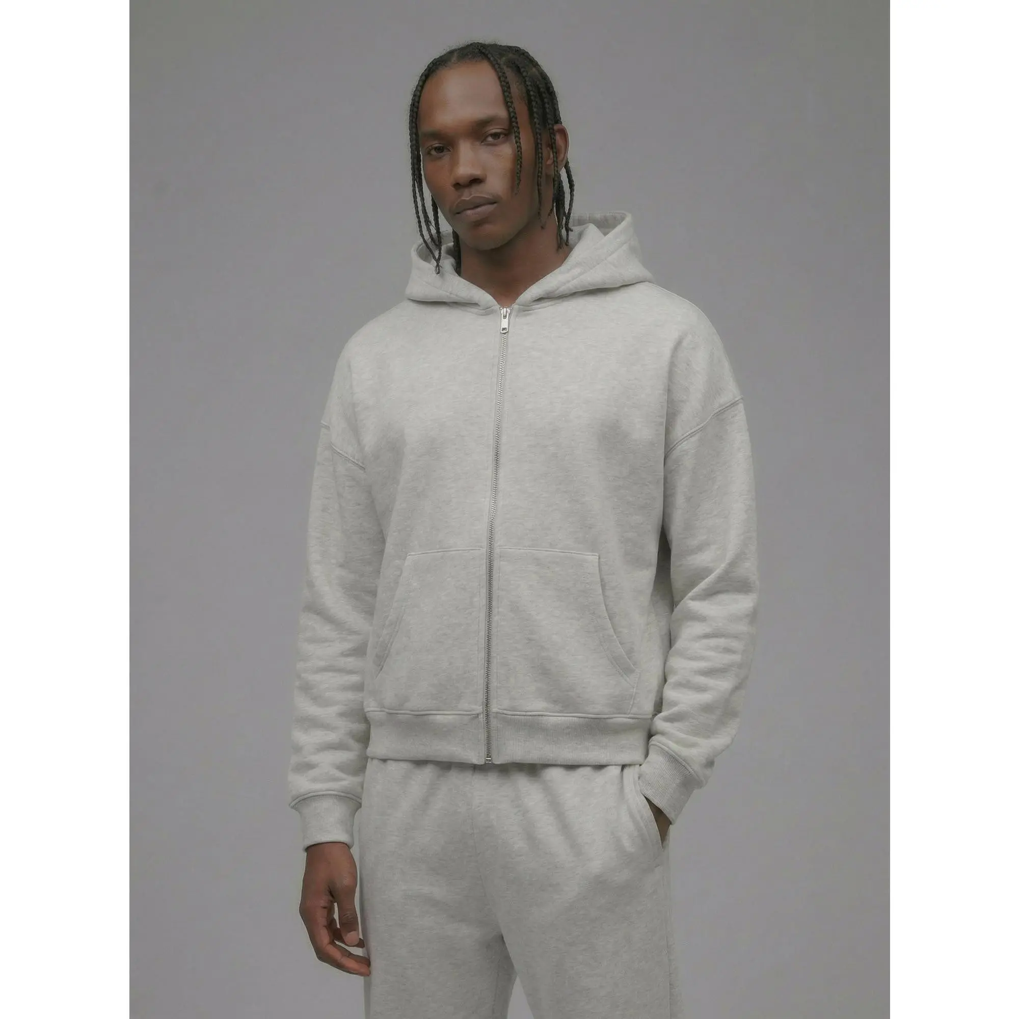 410 Oversized Cropped Zip Hoodie - Heather Grey