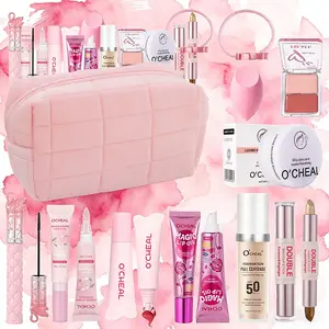 11-Piece Pink Makeup Bundle Box Gift Set with Cosmetic Bag | Foundation Mascara Brow Gel Setting Powder Lip Gloss Color-Changing Lip Oil Temperature-Shifting Blush Dual-Ended Contour Stick Beauty Blender Pink Hair Tie | Complete Holiday Beauty Kit for Her