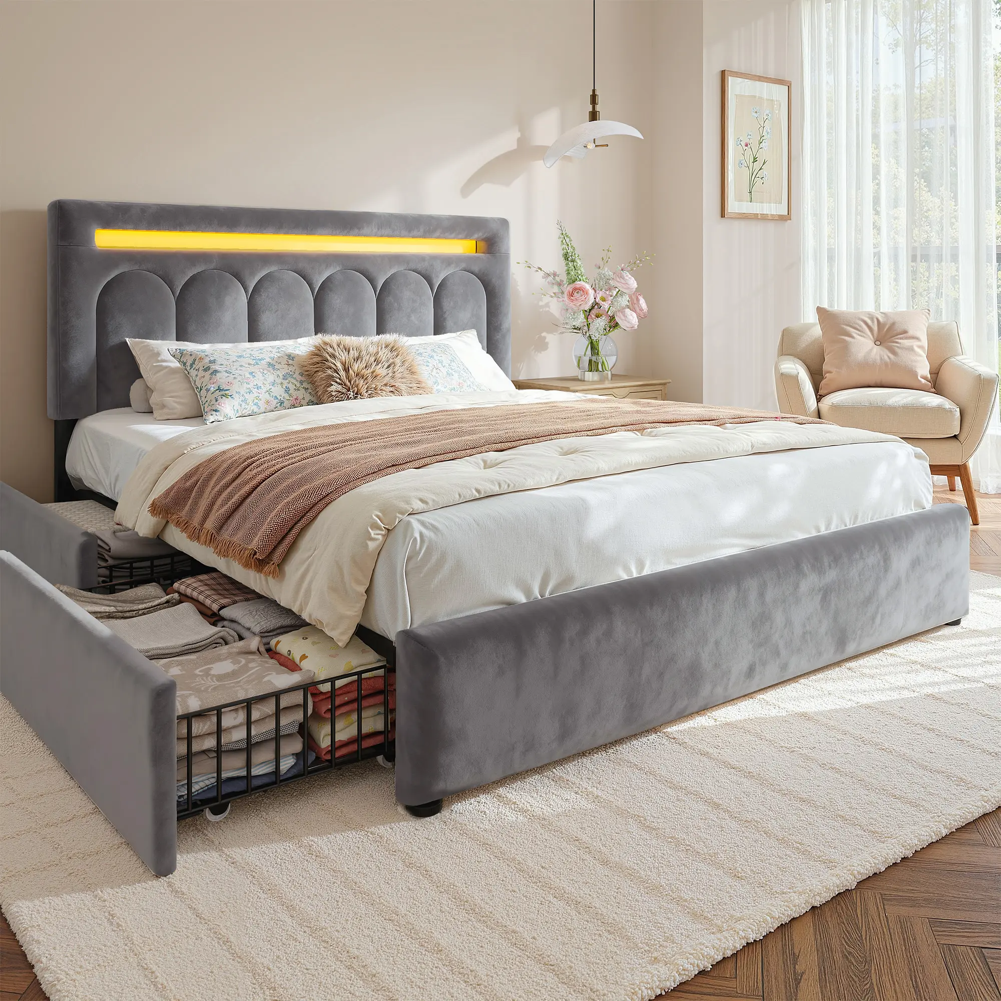 Raybee 4 Drawers  LED Bed Frame with Storage & Headboard, Luxury Velvet Upholstered Platfrom Bed Frame Holds 1000LBS Capacity, Wood Slats Support, No Box Spring Needed,  Modern Arched Pattern Bedroom Furniture, Full, Queen, King, Beige, Gray
