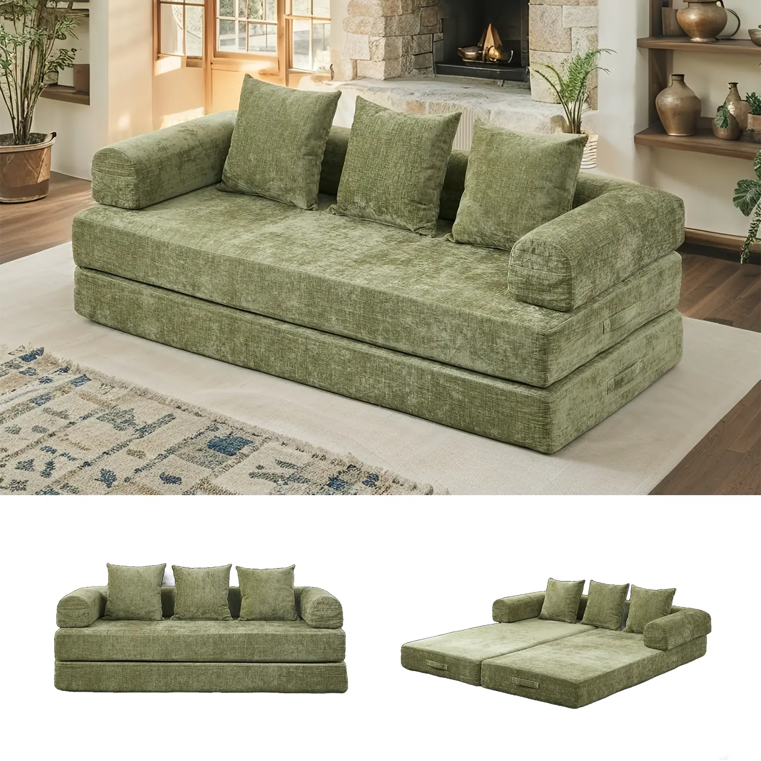 Comfy Convertible Folding Mattress Couch, Floor Sofa Bed, Chenille Floor Sofa with Armrest, Floor Sofa Lounge Couch for Living Room Bedroom Lounge Studio