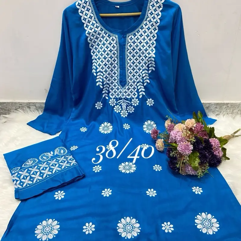Rayon Lucknow Chikankari work Embroidered Designer Kurti with Plazzo - Comfortable Knee Length, Elegant Design, 2pcs Set for Women - Dress, Elegance, Style, Womenswear, Embroidery, Suit, Casual