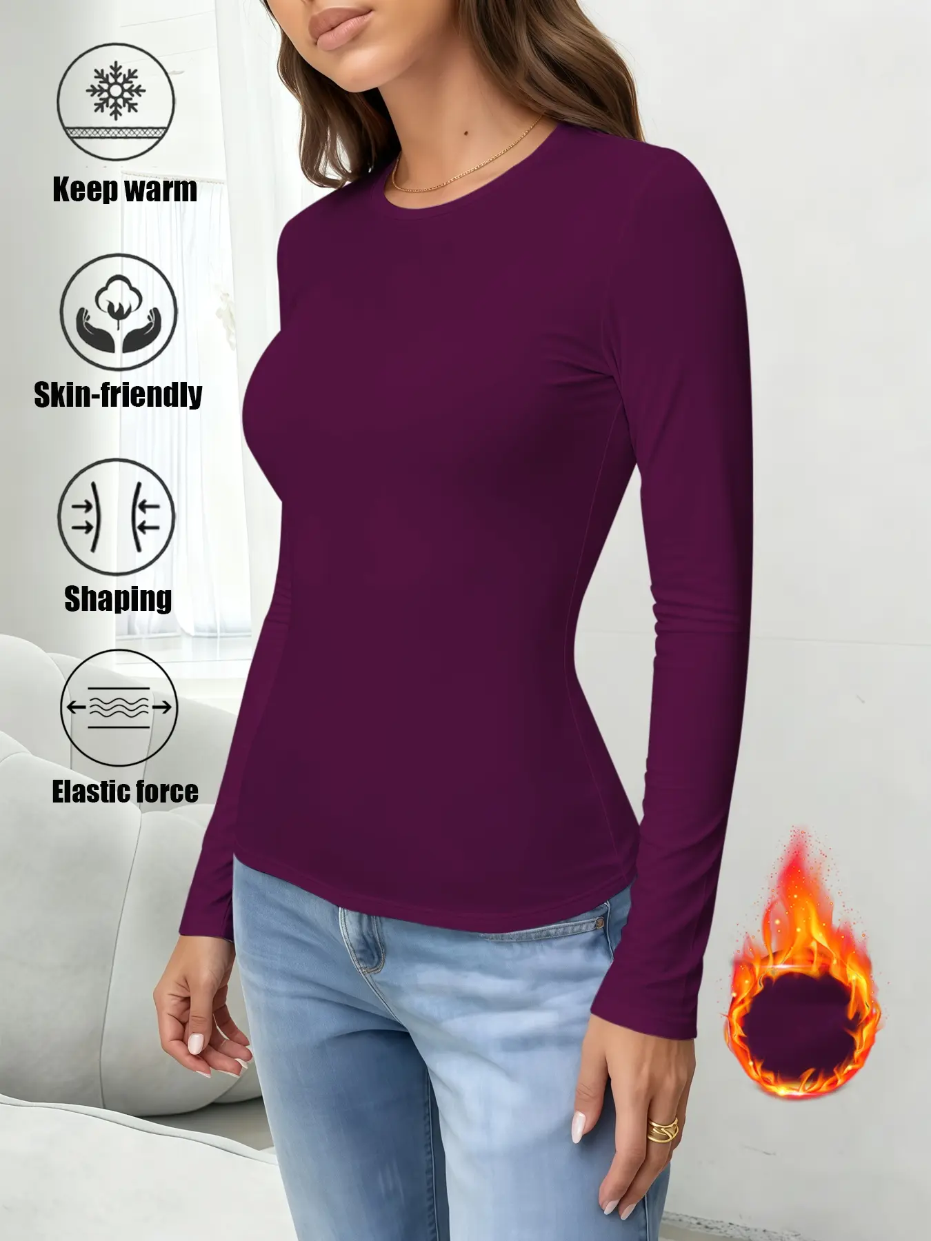 Women's Thermal Underwear Tops, Solid Color Classic Casual Crew Neck Long-Sleeve Fitted Base Layers for Autumn & Winter - Ideal as Running, Hiking Activewear, Comfortable Base Layer Tees Suitable for Outdoor Activities