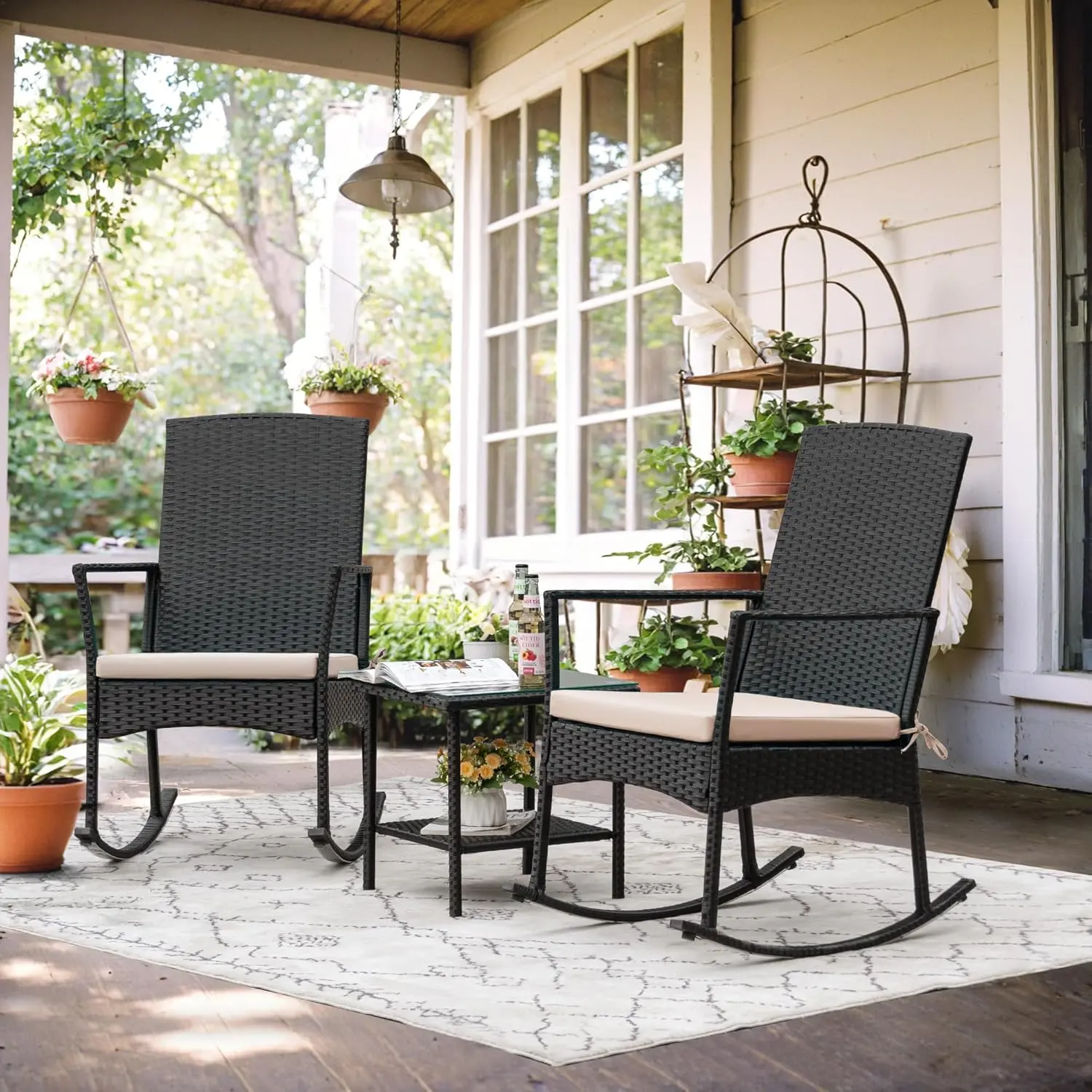 HOMALL Rocking Chair Outdoor PE Rattan Patio Chairs with Glass Table High Back Porch Rocker for Balcony, Garden, Backyard