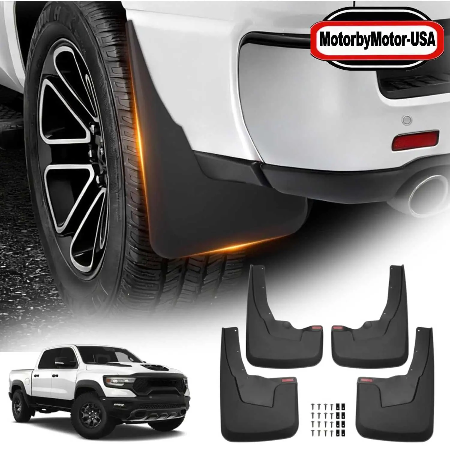 Mud Flaps & Splash Guards for 2019-2024 Dodge Ram 1500 w/ OEM Fender Flares, Easy Installation No-Drilling Thermoplastic-Polypropylene Impact-Resistant Road Gravel Protectors, Flexible Wide Temperature Range Automotive Exterior Accessories