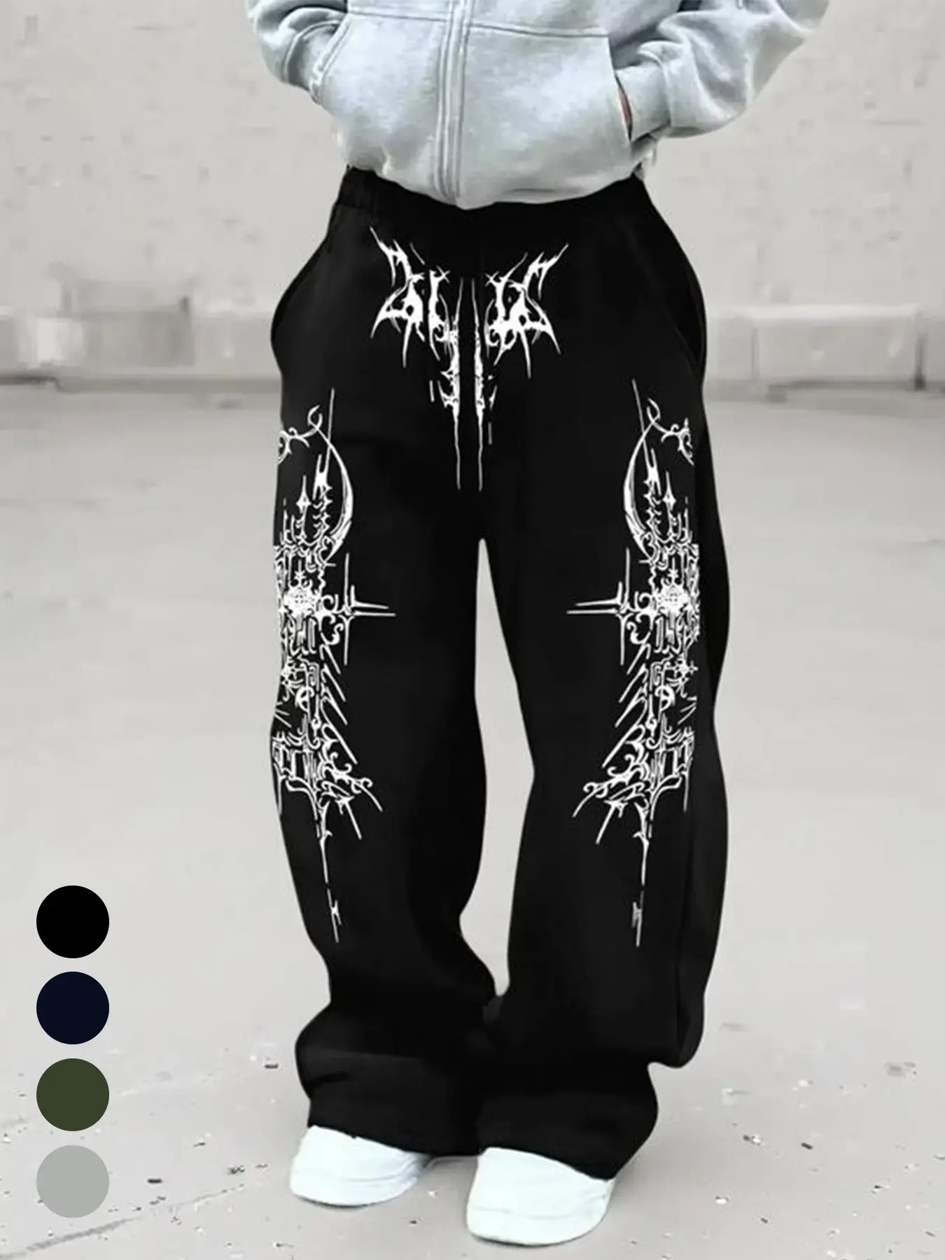 Gothic Dark Aesthetic Baggy Wide Leg Pants - Unisex Tribal Graphic Print Casual Trendy Versatile Streetwear Trousers - High Waisted Relaxed Fit Cargo-style Pants for Cyberpunk Look, Music Festivals & Urban Dance, Casual Chic Bottoms