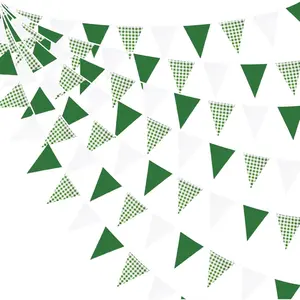 32Ft Green Buffalo Plaid Checkered White Triangle Flag Gingham Pennant Bunting Fabric Garland for Wedding Birthday Picnic BBQ Outdoor Golf Party Dinosaur Arbor Day Decorations