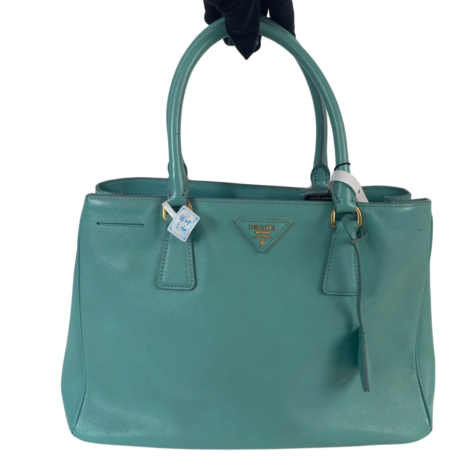 Pre-owned PRADA Leather tote bags Galleria Turquoise Saffiano Tote Bag+Bag charm+++