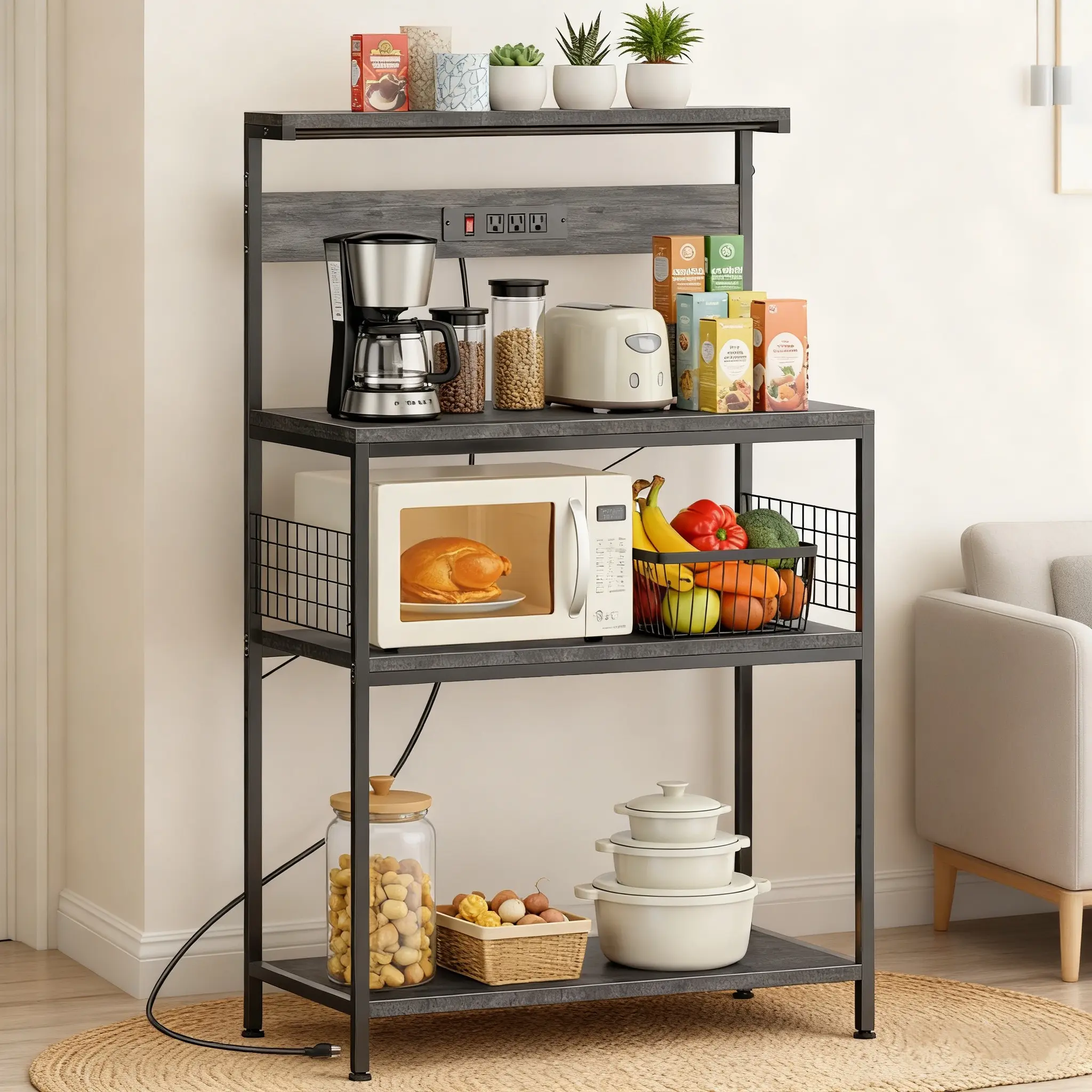 4-Tier Freestanding Baker's Rack with Built-In Power Outlet, Adjustable Shelf, Kitchen Decor Ideas Coffee Bar Station, Farmhouse Microwave Stand, Dual-Purpose Spice Organizer, 23.6 in Indoor Furniture