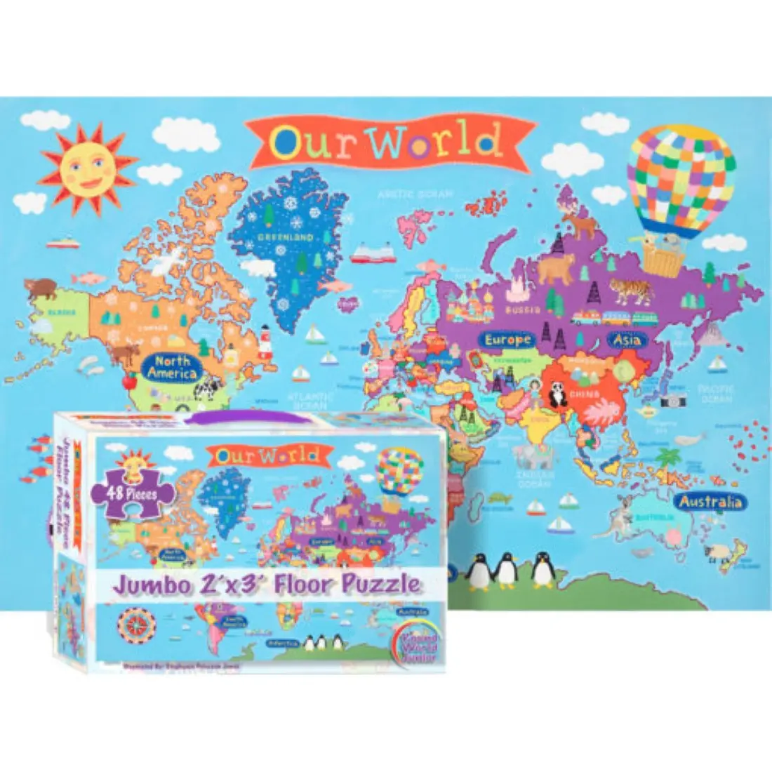 Kid’s World Jumbo 48-Piece Creative World Map Floor Puzzle - Sturdy Box, Beautifully Illustrated Flat Pieces, Kids Gift, Learning Through Play, Family Bonding Activity