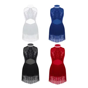 easyforever Kids Girls Lyrical Ballet Dance Dress Shiny Sequins Sleeveless Mesh Tassel Hem Dress Leotard Dancewear