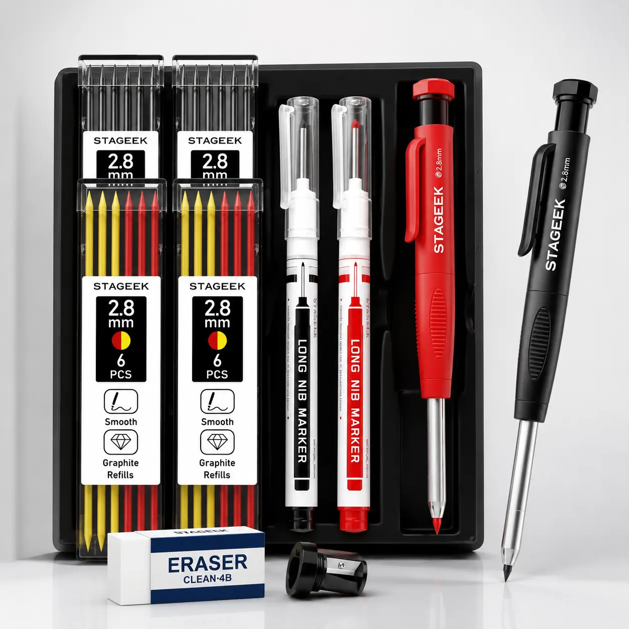 STAGEEK Unisex 2-Pack 2.8mm Mechanical Graphite Carpenter Pencils Set with Sharpener, Storage Case, 26 Refills, Deep Hole Marking Long Nib Marker, Waterproof Heavy Duty Tools for Masons, Construction