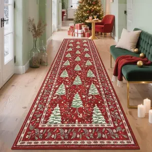 Christmas Christmas Tree Print Long Carpet Mat, Festive Cozy Retro Luxury Creative Fashion Washable Non-Slip Easy Clean Rug