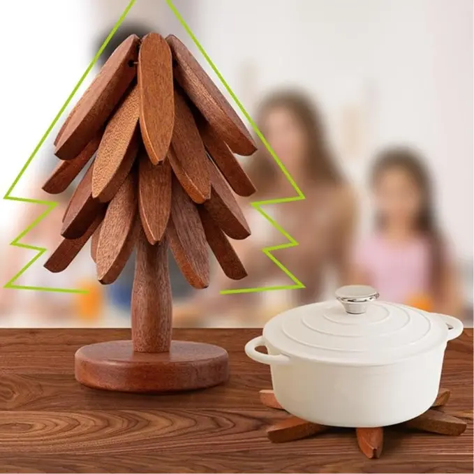 4-Piece Wooden Trivet Coasters Set with Stand - 7.8in Bamboo Wood Grain Tree Shape, Heat-Resistant, Foldable, Corrosion-Resistant, Durable for Hot Dishes Tableware Protection (Ideal Holiday/Birthday Gift)