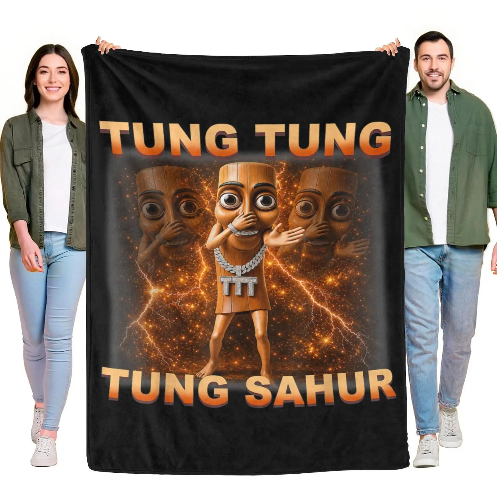 Tung Tung Tung Sahur Hip Hop Chain Wood Man Orange Lightning Starry Galaxy Throw Blanket, Viral Internet Meme Cozy Warm Fleece Blanket for Trend Meme Lovers Home Decor