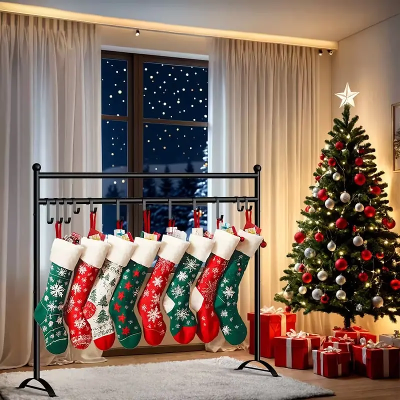 360 Stand Freestanding Metal Christmas Stocking Holder Rack - HD Organiser with 12 Removable Large Hooks, Festive Home Decor for Holiday Party Supplies, Christmas Tree Decorations & Tree Ornaments (No Socks Included), Sock Organizer