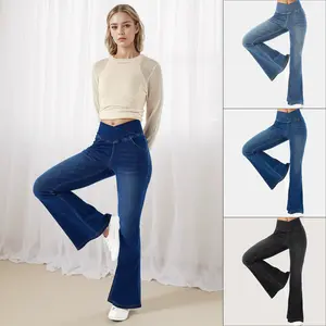 Women’s High-Waisted Crossover Flare Jeans – Slim Fit Butt-Lifting Denim Pants All Seasons