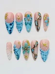 Mermaidcore Press On Nails | 3D Seashell and Blue Flower Art | Ocean Wave Fake Nails | Gold Starfish Charm | Summer Beach Gel Nails
