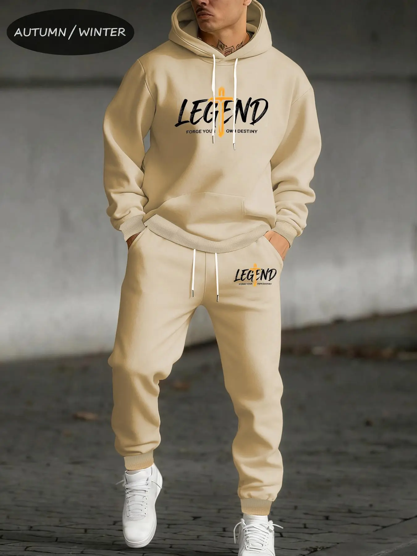 Men's Autumn-Winter Hoodrich "From Nothing To Something" Hooded Tracksuit, Sweat Suits in Black, Bold Orange-Accented Logo, Warm Edgy Streetwear, Perfect for Casual Daily Wear and Trendy Urban Outfits