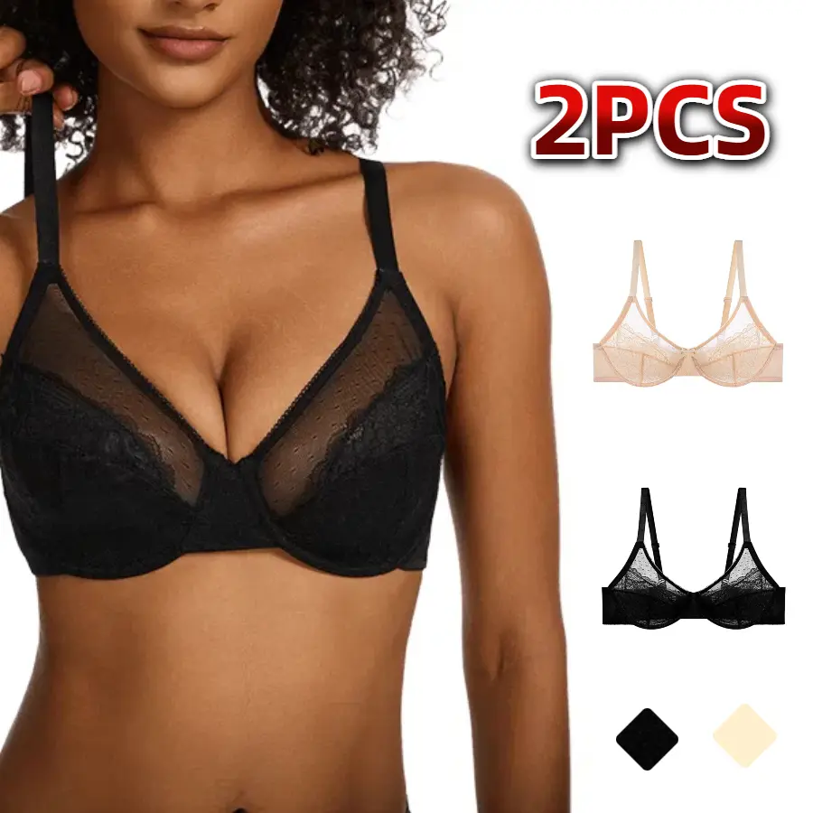 Women's EssElegance Floral Lace Minimizer Bra, 1/2PCS Underwire Unlined Unpadded Full Coverage, Breathable Mesh Cup, Black & Beige Form-Fitting Everyday Bra, Bras For Women