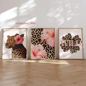 Three-Piece Set / Playful Floral Leopard Print Hibiscus Pink Cheetah Canvas Print Poster Retro Hawaiian Animal Art Painting Home Decor, Wall Picture Decor, Frameless Canvas Print Decorative Artwork