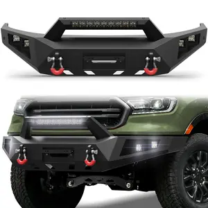 Front Bumper w/Winch Plate for 2019-2023 Ford Ranger(Excluding Wildtrak), 2019 2020 2021 2022 2023  Steel Bumper w/LED Lights, D-rings