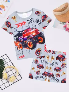 Boy's All Over Print Short Sleeve Tee & Shorts Pajamas Set, Casual Comfy Two-piece Pj Set, Pajama Outfit, Children Sleepwear for All Seasons, Cartoon Print Pajama