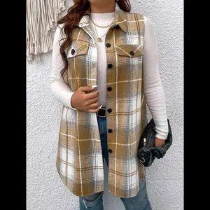 ��Plus Size�� Women's Plaid Print Button Front Vest Coat, Casual Sleeveless Fake Pocket Decor Collared Outerwear for Fall & Winter, Women's Clothes for Daily Wear