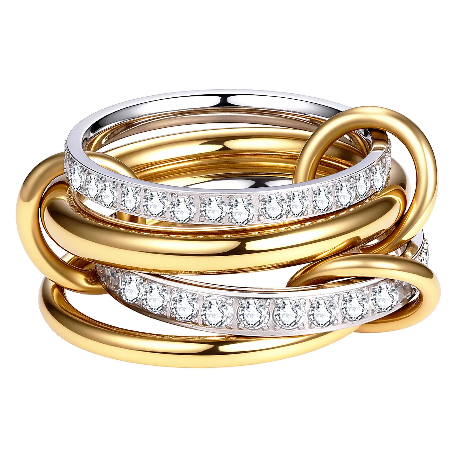 OIDEA Women's Gold Metallic Stackable Finger Rings, 2-Tone Stainless Steel Layered Statement Set with Cubic Zirconia, Non-Tarnish, Gold Metallic Rings, Layered Statement Rings