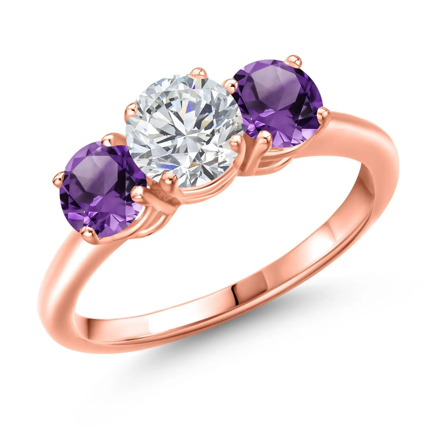 3-Stone Lab Grown Diamond and Gemstone Birthstone Ring for Women | 18K Rose Gold Plated Silver | Wedding Anniversary Promise Engagement Ring
