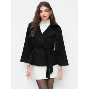 Cider Women's Wool-Look Belted Cloak Coat with Collar, Button Closure and Long Sleeves SwimWeek