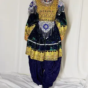 Elegant Gold and Navy Blue Embroidered Traditional Dress with Intricate Patterns and Fringes Womenswear