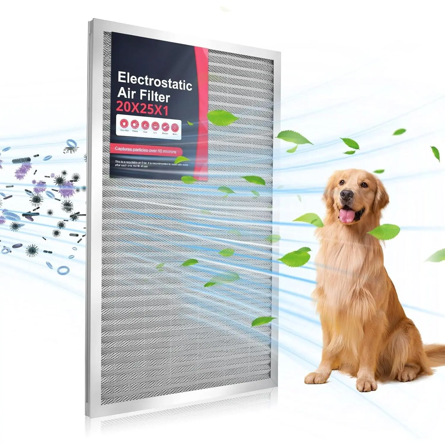 20x25x1 Air Filter-MERV8, Washable & Reusable Electrostatic Air Filter, AC/HVAC Furnace Filter, Permanent Air Filter, Breathe Fresher, Easy Install