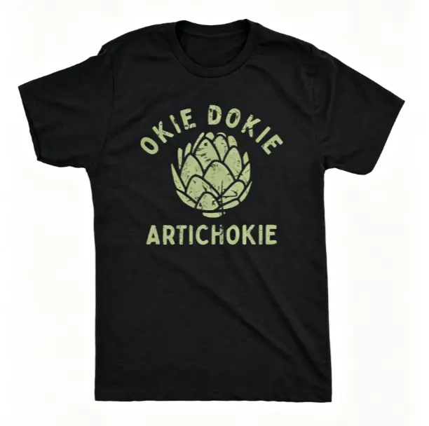 Okie Dokie Artichokie Distressed Green Vegetable Pun Graphic Short Sleeve T-Shirt, Unisex Food Funny Casual Tops, 100% Pure Cotton Printed Craft Summervibes Tee, Soft Breathable Loose Fit daily outfits