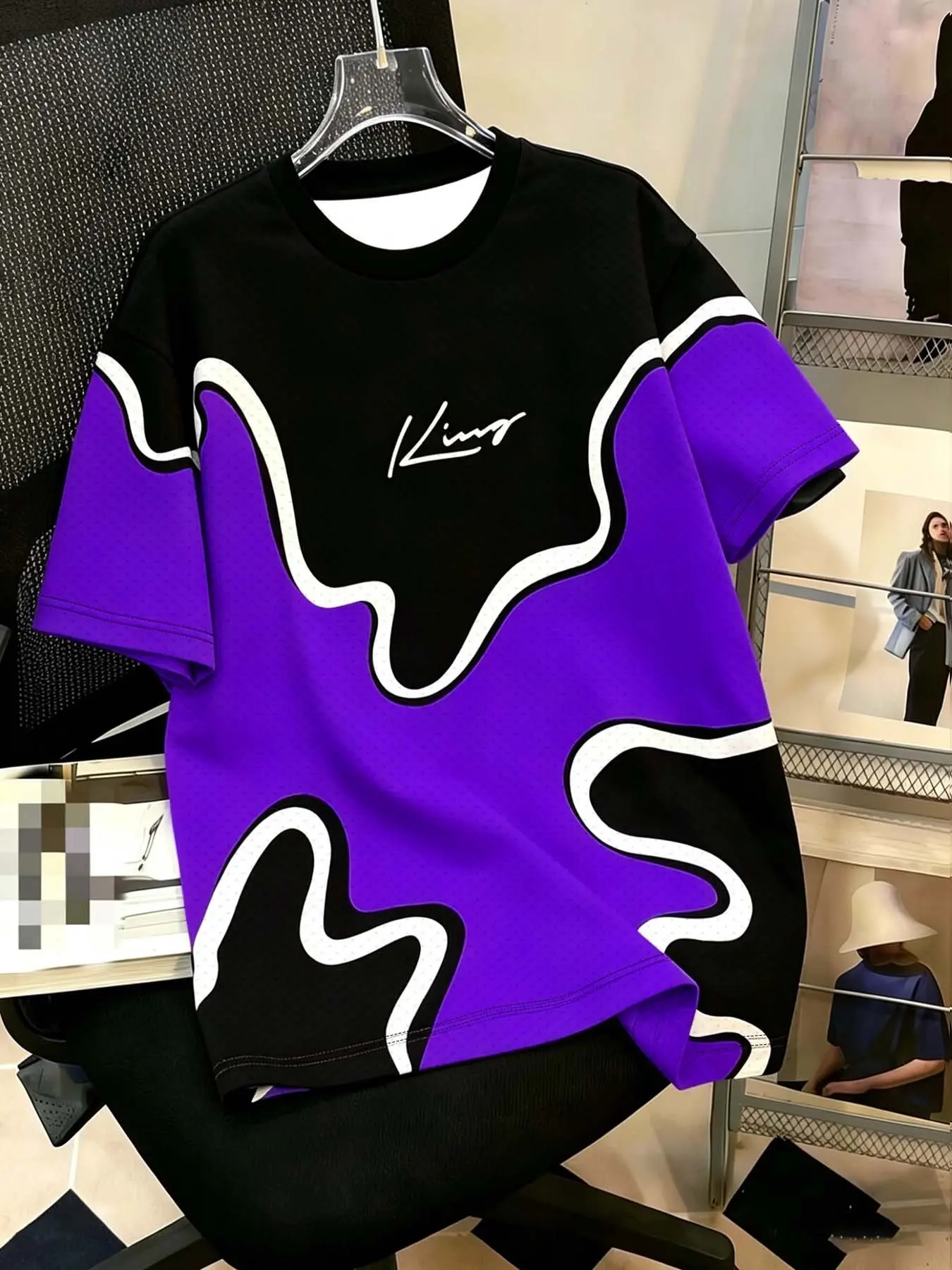 Black and Orange Color Loose T-shirt - Men's Street Wear T-shirt, Bold Color Block Design, Soft Casual Short Sleeve, Fashionable Y2K Aesthetics, with Signature Logo, Very Suitable for Urban Clothing.