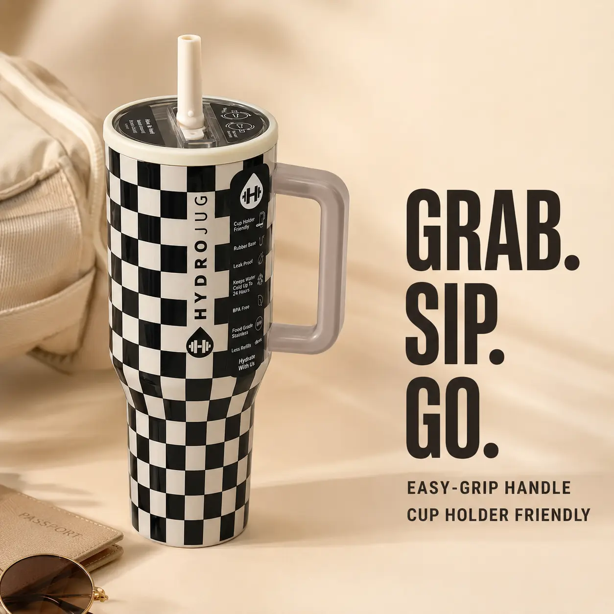 HYDROjug 40 oz Retro Black and White Checkerboard Insulated Tumbler with Handle and Straw, Leak-Resistant Stainless Steel Travel Cup for Car, Office, Gym & Daily Hydration