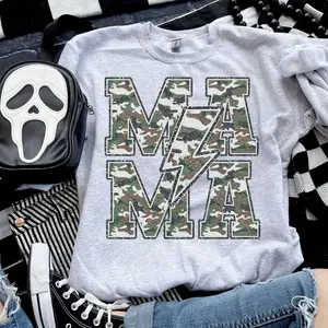 Mama Faux Camo Glitter Sweatshirt - Design, Ash Grey Color, Polyester Fabric Sublimation Clothing, Jersey Sweatshirt