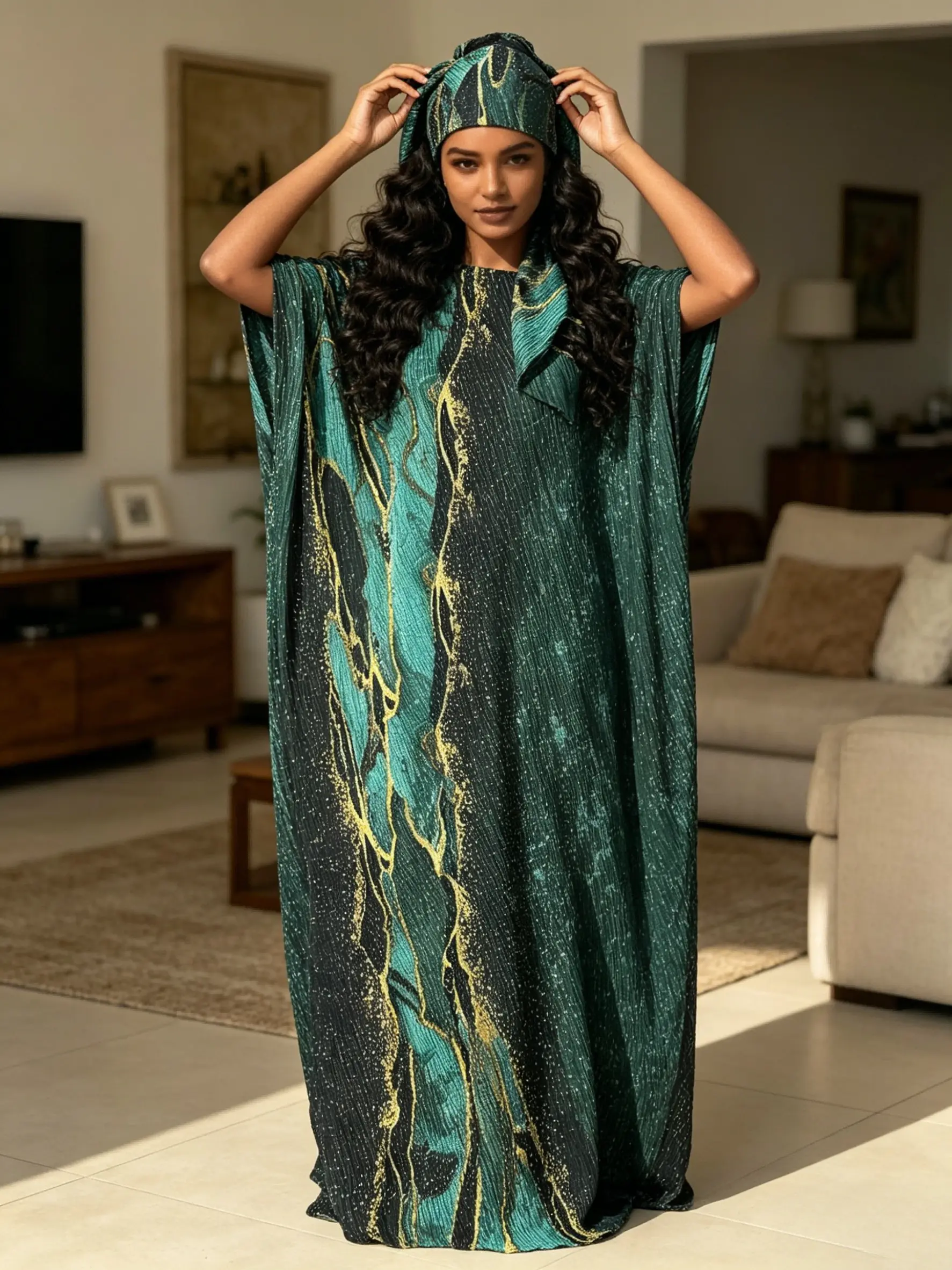 1 robe+1 scarf Deep green rhinestone marble print long robe dress set with oversized boat neck and loose flesh covering long dress+1 scarf, luxurious, Elegance, Chic, Casual and light vacation style long dress Women